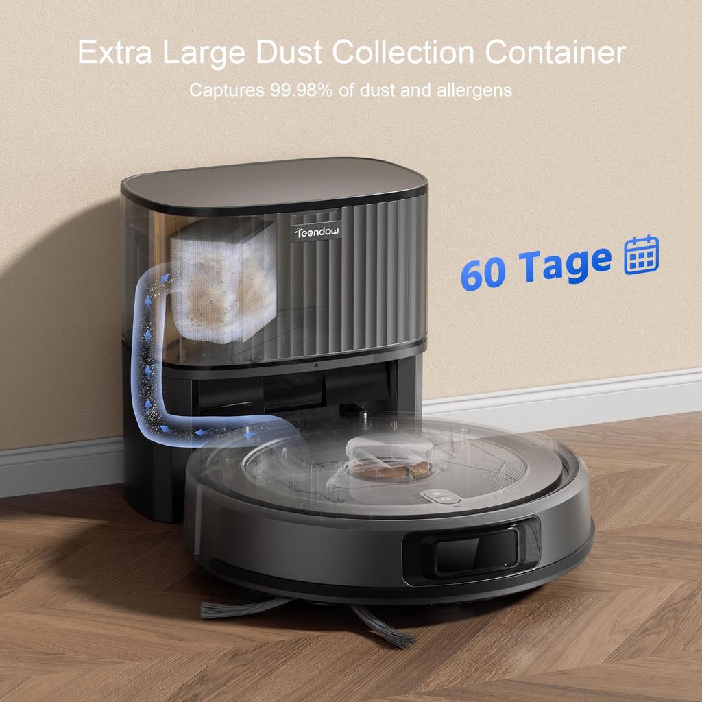TEENDOW D10S MAX boasts a suction power of up to 4500pa,automatic dustbin emptying,smart navigation,supports app and voice control.
