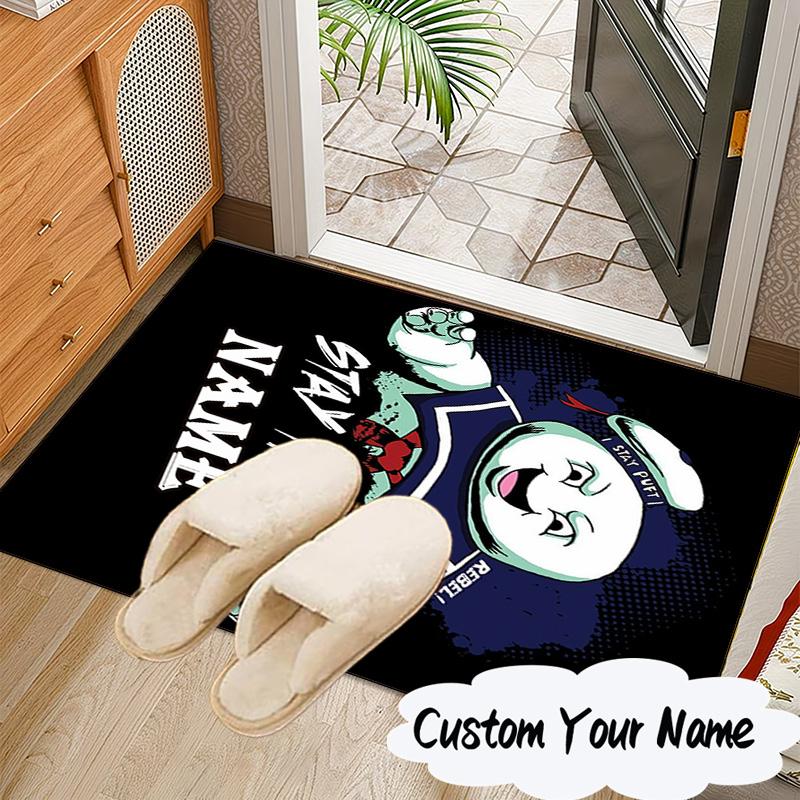 Custom Name Ghost Marshmallow Man Rug for Living Room, Game Rooms, Office, Bedroom, Floor Mat Playful Design, fan gifts Christmas decor