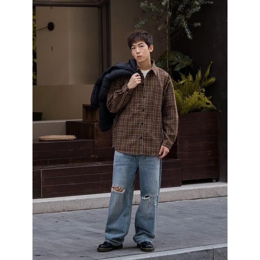 Американская повседневная коричневая клетчатая рубашка, пальто для мальчиков и девочек, блузка в студенческом стиле, простая свободная ретро-блузка с длинными рукавами