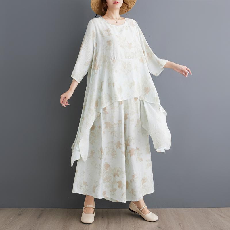 Dimanaf Комплект из двух предметов размера плюс, женская одежда, элегантный женский топ с принтом Vinatge, льняные свободные брюки, женский летний костюм