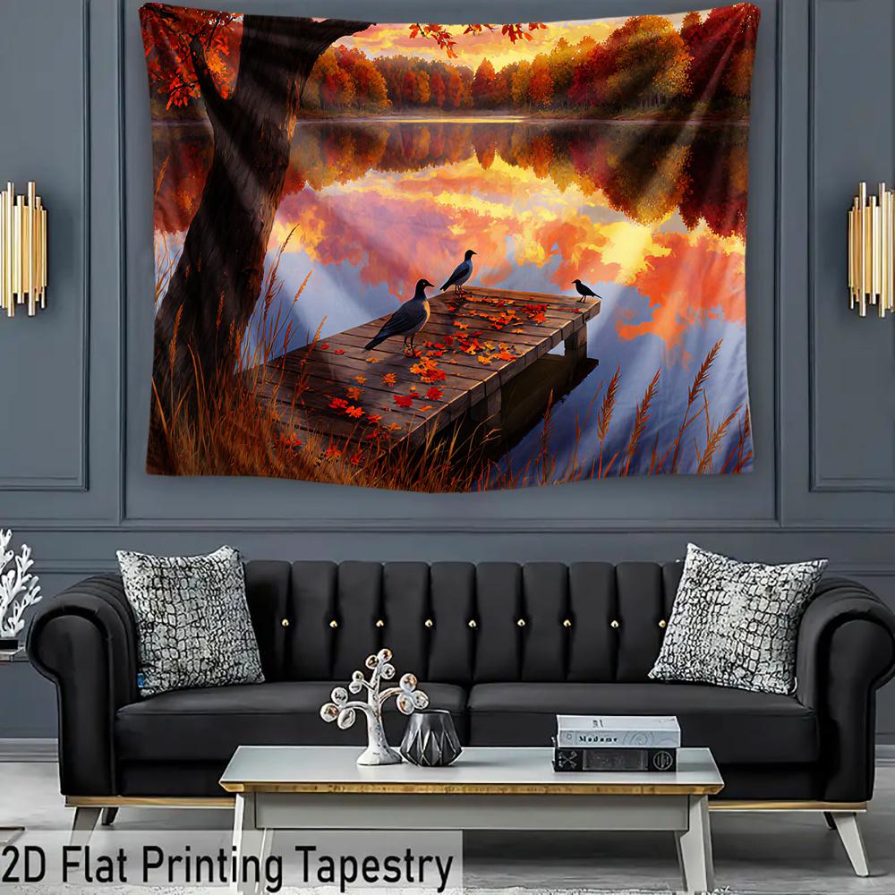 One 2D flat image of the autumn sunset at the lakeside pier, suitable for parties, room decoration, and festival celebrations.