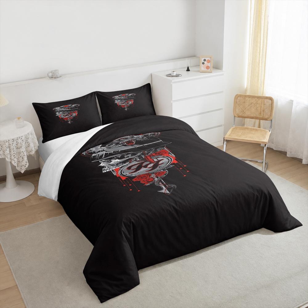 3 Piece Bedding Set with Duvet Cover and 2 Pillowcases - Foo Fighters Skull Helmet Snake Rose Vertical Tattoo Print - Black Red Music Decor for Fans
