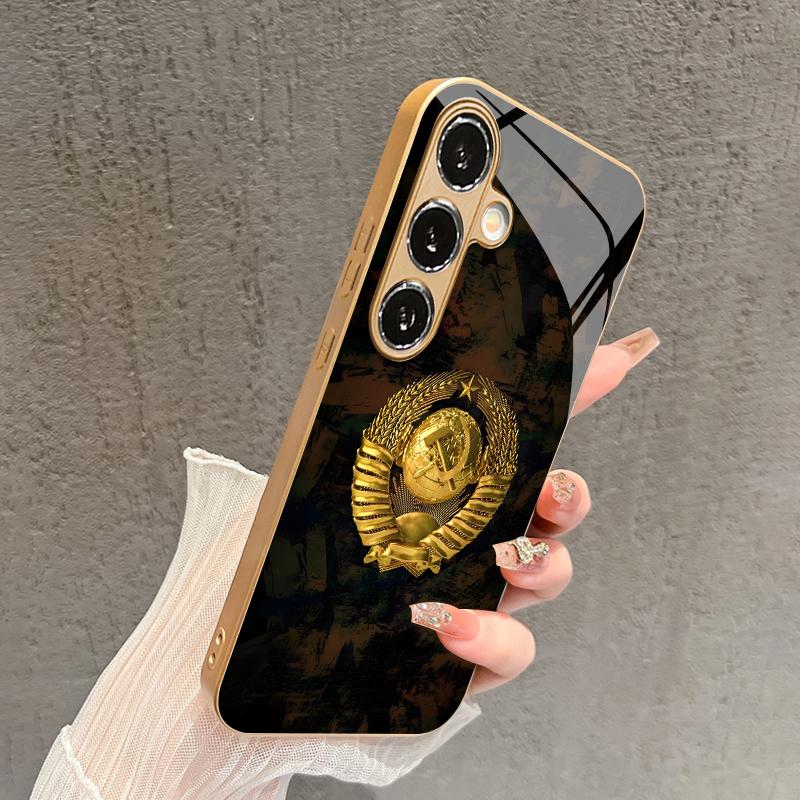 2D чехол для телефона с узором "Золотой герб" для Samsung S26 S25 S24 S23 S22 S21 S20 A56 A36 A16 - Золотая стеклянная защитная крышка