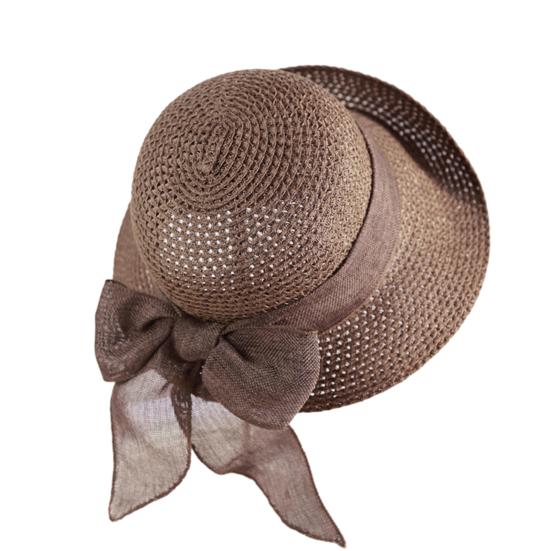 Ribbon Bowknot Decor Straw Hat Round Dome Solid Color Folding Women Big Brim Sunscreen Travel Hat Fashion Accessories