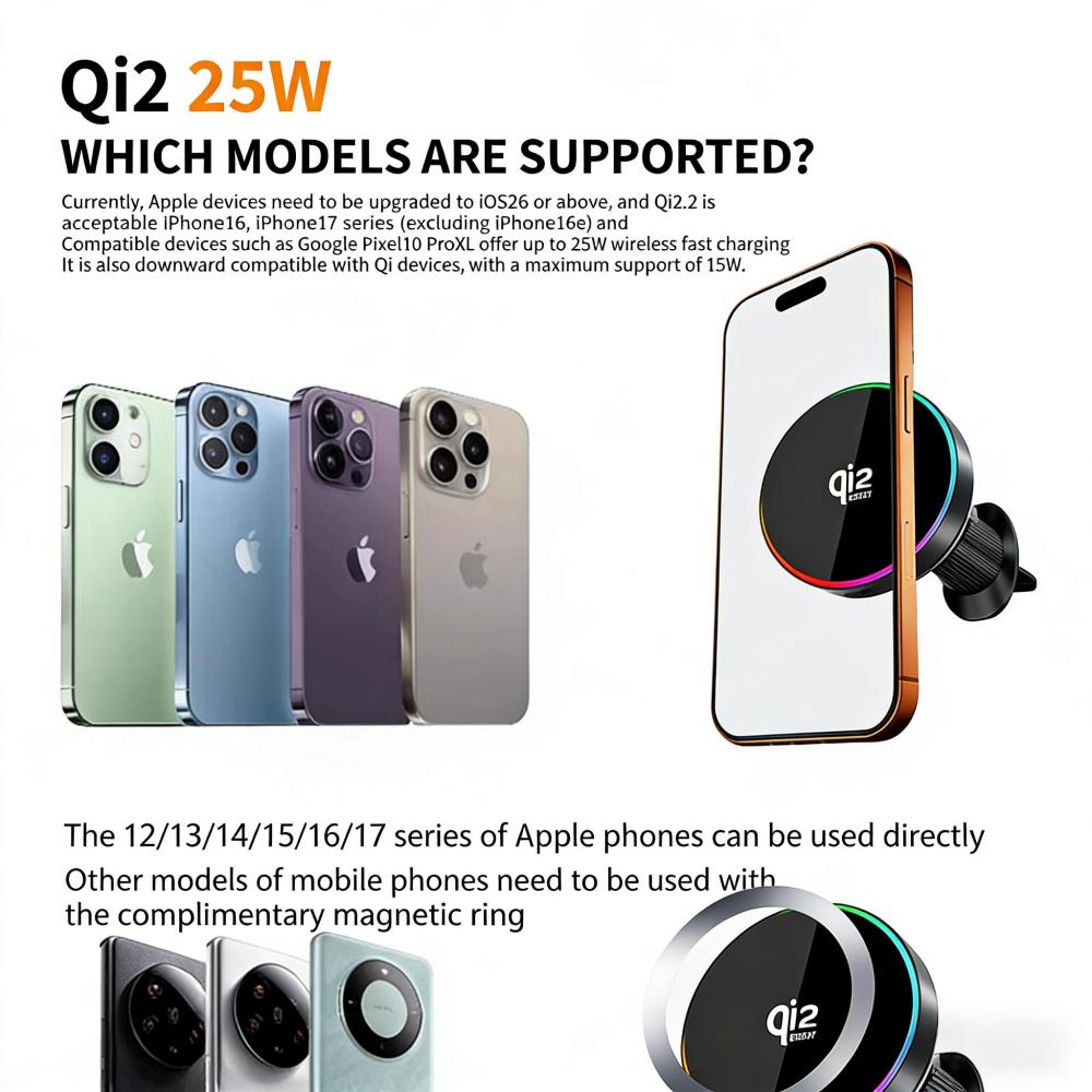 Magnetic 25W Wireless Car Charger Air Vent Phone Holder Stand with RGB Ambient Light For iPhone 17 16 Pro Max 15 14 13