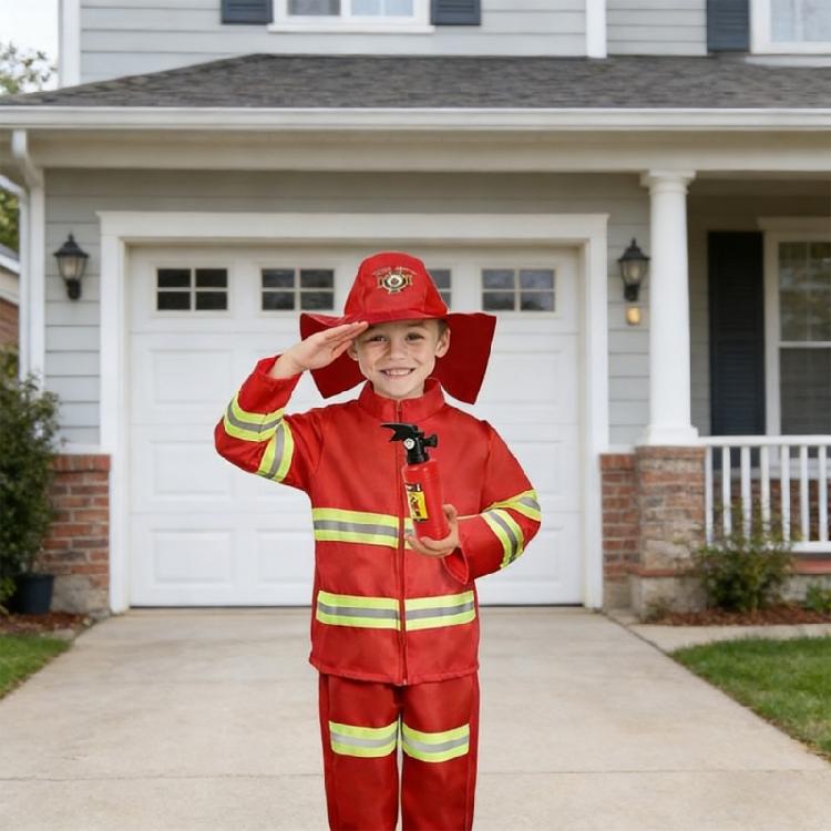 8Pcs Fireman Costume for Kids Firefighter Dressing Up Clothes Fireman Costume with Toy Accessories Set for Pretend Play