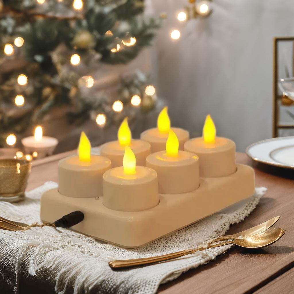 USB Rechargeable LED Tea Light 6-Candle Flameless Flickering Decoration for Home Use Weddings Christmas & Halloween Gift