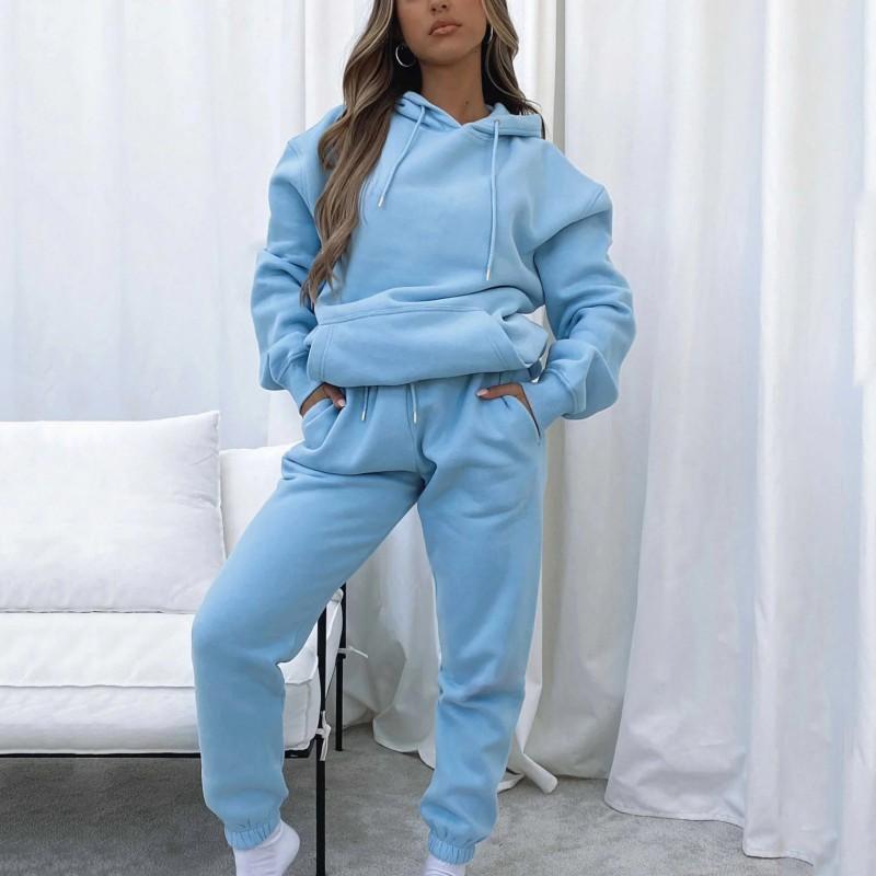 Womens Solid Color Hooded Long Sleeve Sweatshirt Set Casual Street Style Outfit
