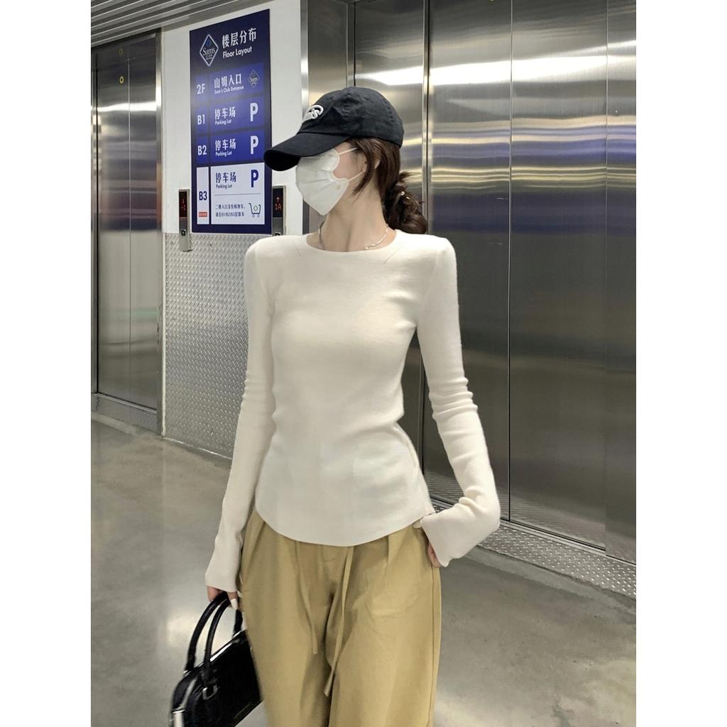 Базовая нижняя рубашка женская осенне-зимняя внутренняя свитером с круглым вырезом прилегающая и тонкая с длинным рукавом мягкий восковой вязаный свитер топ