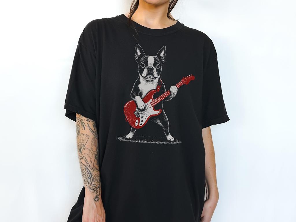 Boston Terrier Rock Comfort Colors T-Shirt - Dog Playing Guitar Shirt - Bostie Mom Gift Tee - Bostie Dad Tee - Rocker Dog Gift