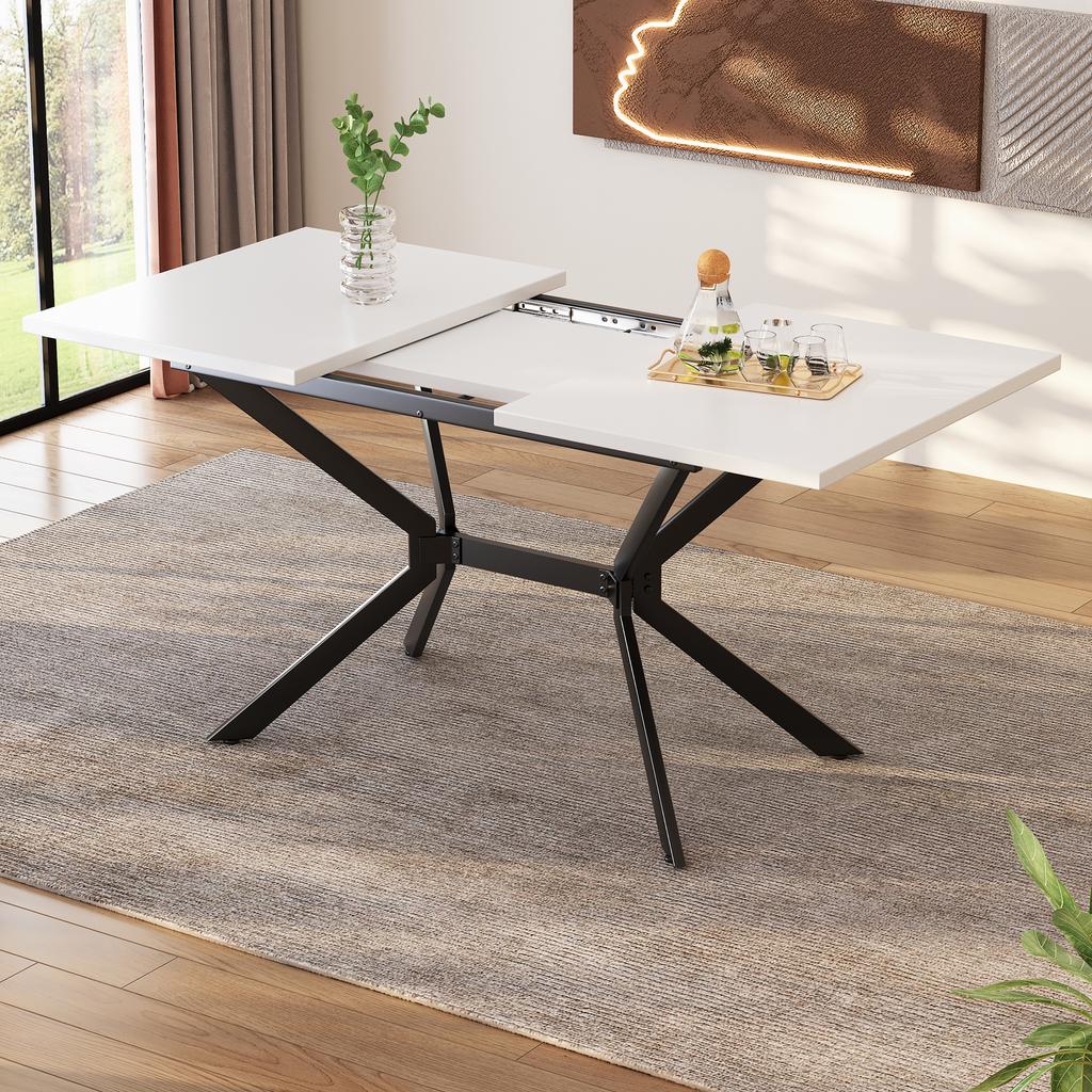 White Extendable Dining Table 120/160*80cm, Table Legs Made of Black Metal, White Rectangular Dining Table, Suitable for Four to Six People