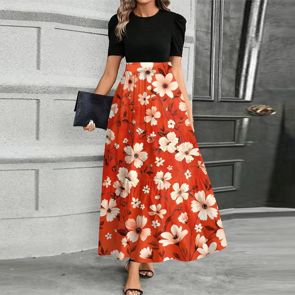 Женское модное повседневное платье с поясом, коротким рукавом, круглым вырезом и принтом, элегантное и темпераментное