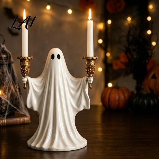 Cute Ghost Figurine Candle Holder for Halloween Resin Tealight Candlestick Taper Seasonal Tabletop Decor Home Table & Spooky Atmosphere Accessory