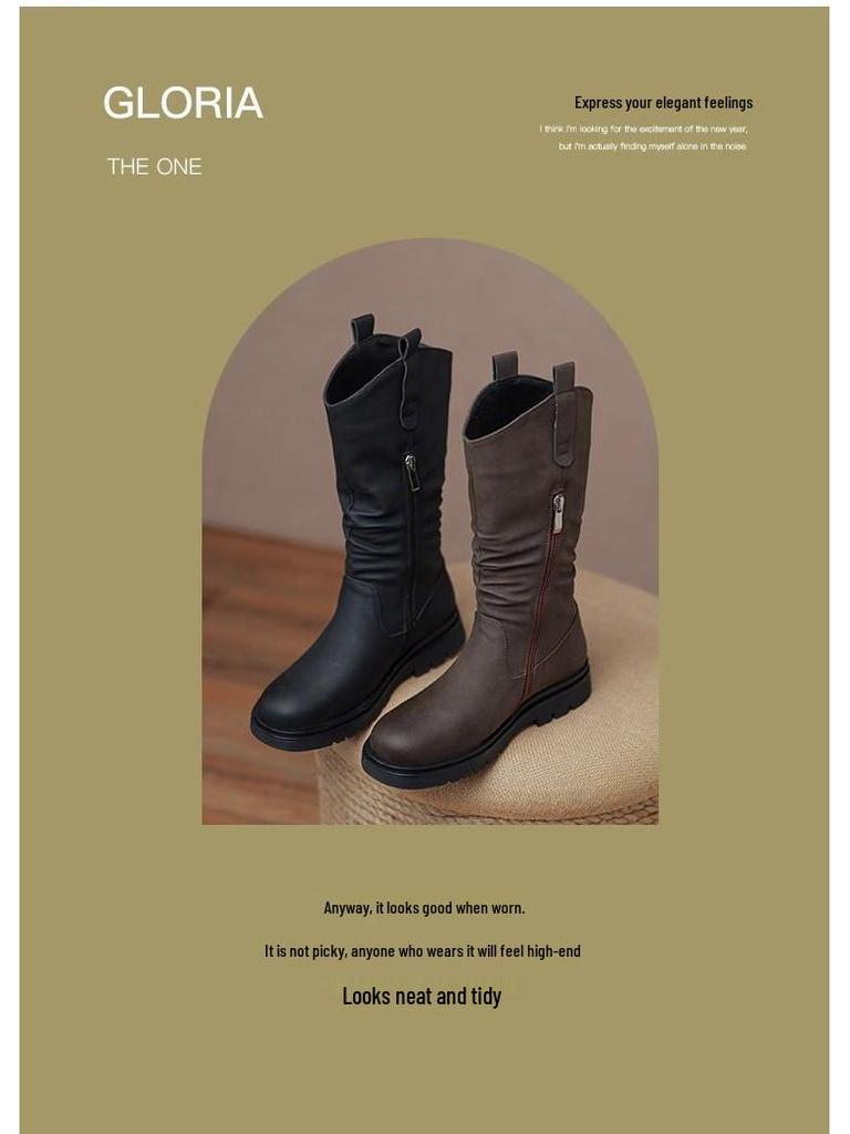 Женские мартинсы до середины икры на плоском каблуке 2025 - Новый весенне-осенний стиль с бархатной подкладкой, идеально подходят к юбкам