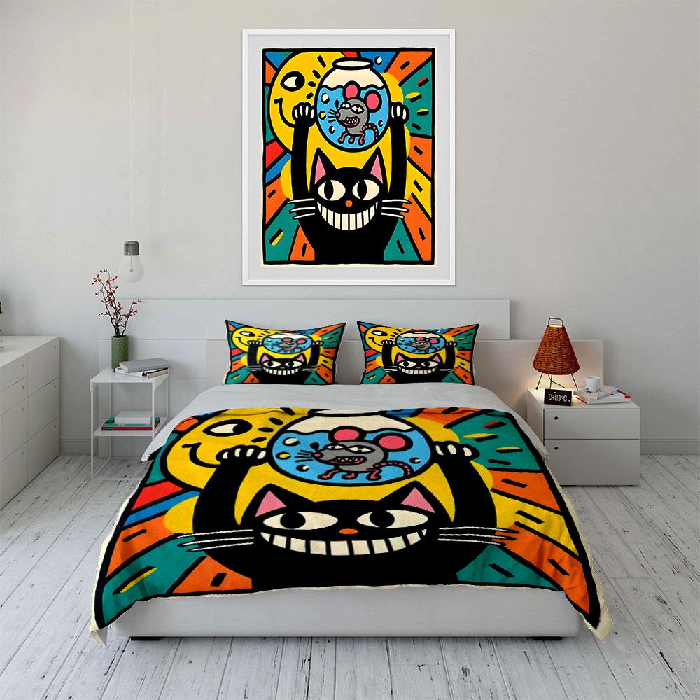 Black cat and mouse in fishbowl artwork Print Bedding Set 1 Duvet Cover 2 Pillowcases for Adult and Children Luxury Gift