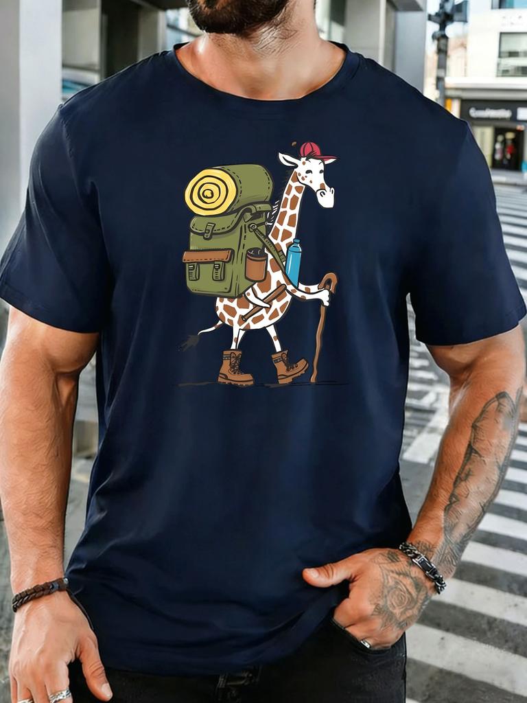 Unisex Outdoor Hiking Giraffe Graphic Cotton Short Sleeve Tee Crew Neck Soft Loose Male Summer Breathable Casual Daily Wear Tops