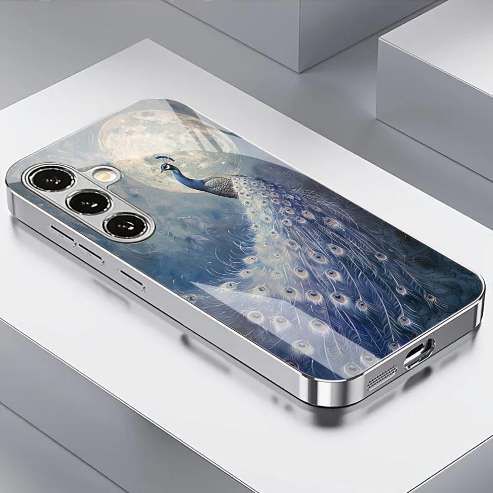 Luxury Crystal Peacock Pattern Electroplated Silver Shockproof Phone Case for Samsung Galaxy S26 S25 S24 S23 S22 Ultra Plus FE