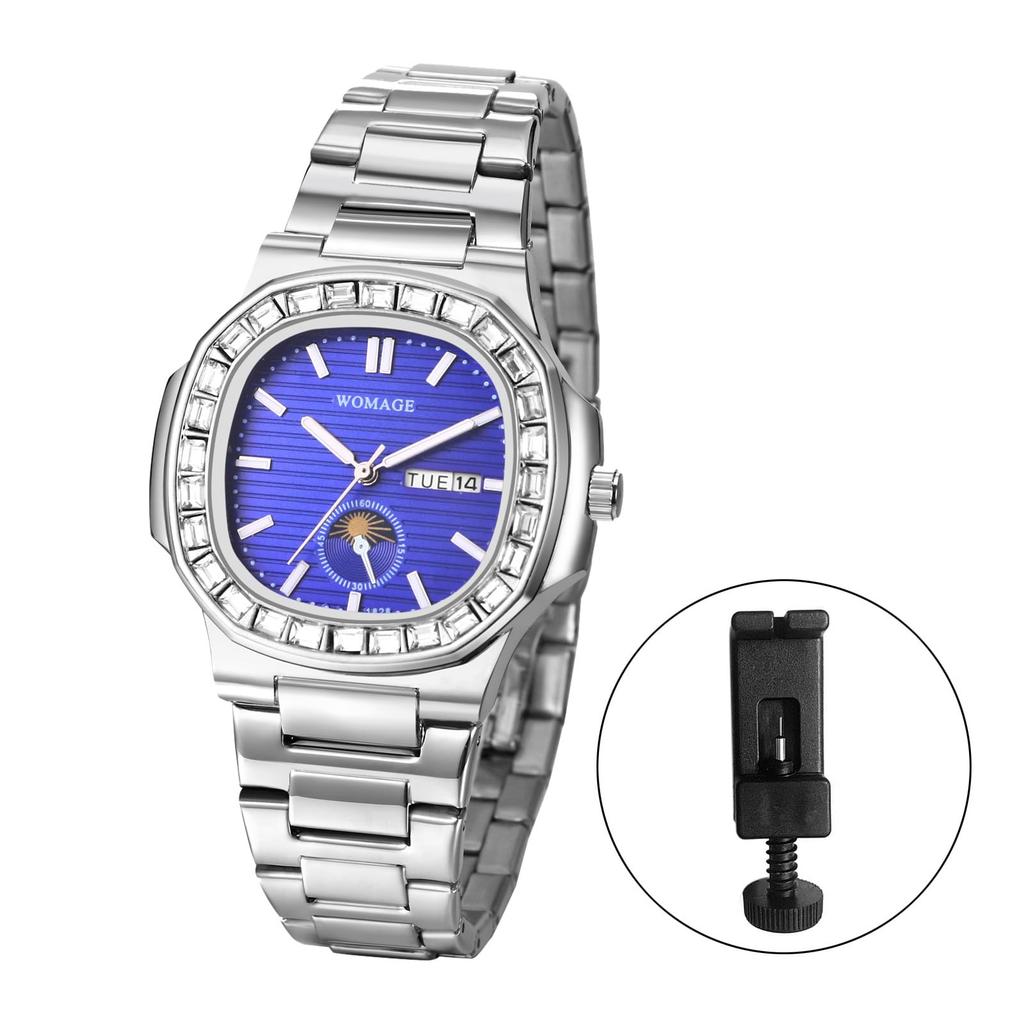 Часы из нержавеющей стали с бриллиантами, люминесцентные аналоговые кварцевые часы золотого цвета, идеальный подарок на день рождения, серебристые мужские часы с календарем, водонепроницаемые, -