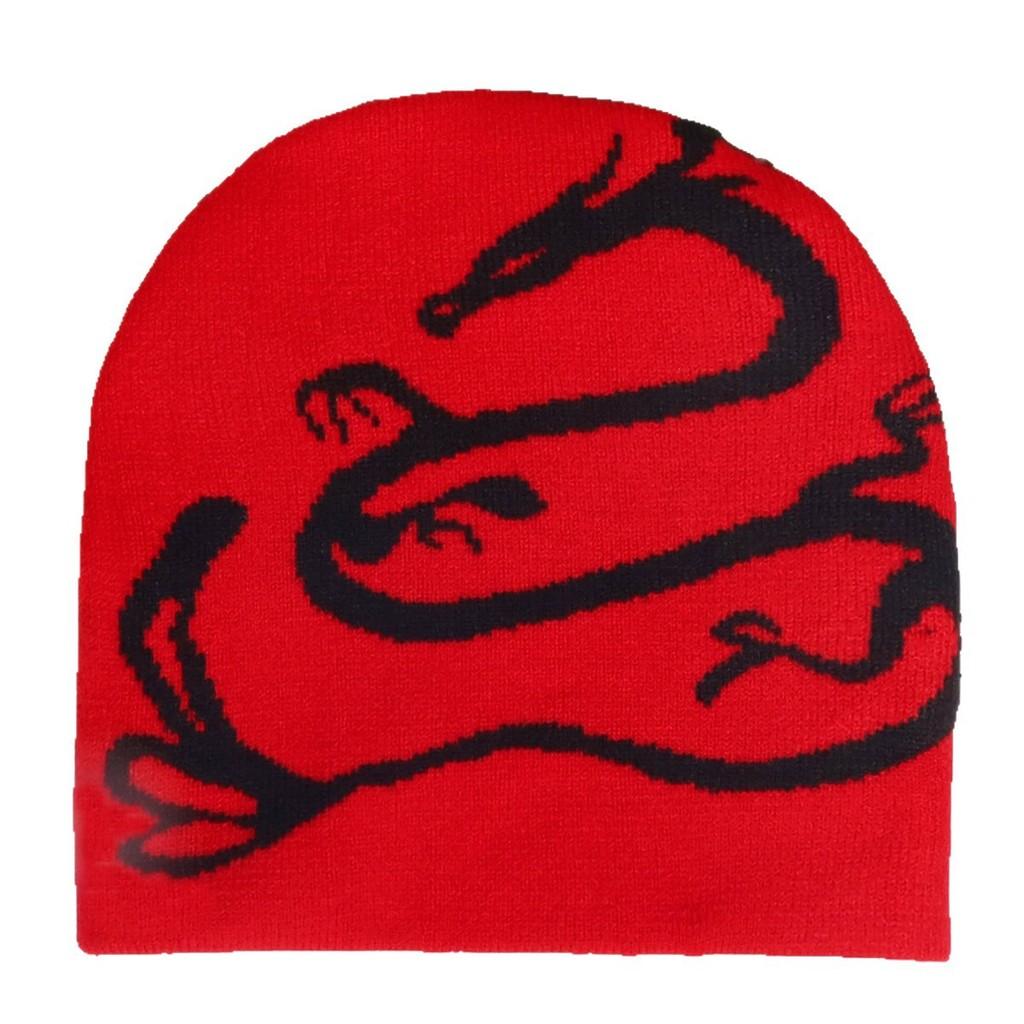 Street Style Knitted Cap With Dragon Animal Pattern For Cold Seasons