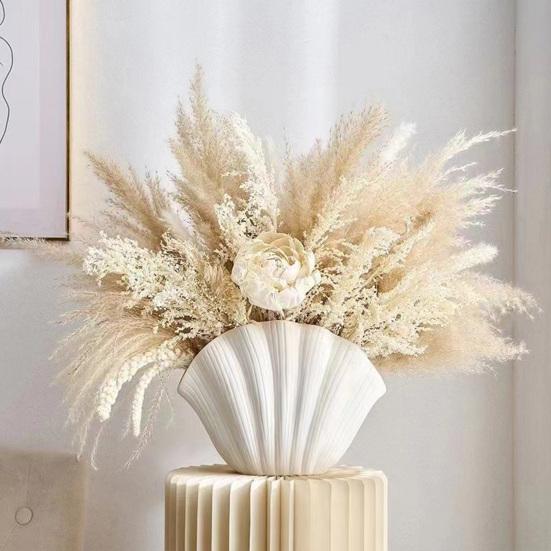 White Vinyl Shell Flower Vase Modern Pleated Flower Holder Container Home Office Table Centerpiece