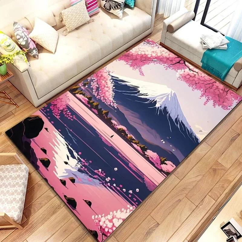 3D Japanese Cherry Blossom Floor Mat with Mount Fuji Design Large Soft Carpet for Kids' Bedroom Stylish Rug for Living Room