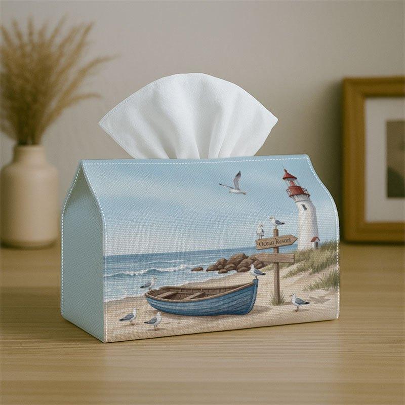 2D Flat, 1pc Coastal Nautical Scenery Vintage Tissue Box, Beach Wooden Boat Lighthouse Seagull, High Quality, Lightweight, Durable, Foldable for Stora