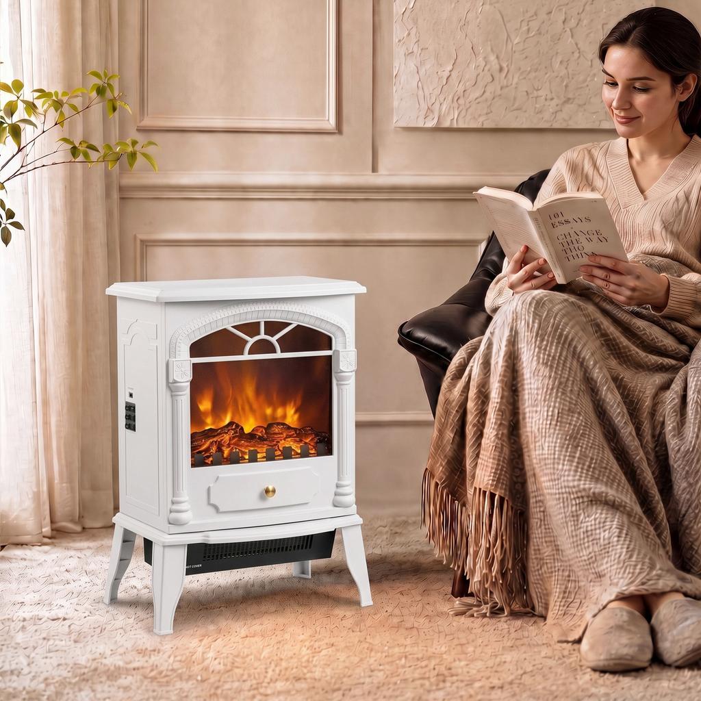 Freestanding Portable Fireplace, Electric Fireplace Stove Heater with 3D Flame Effect and Adjustable Thermostat, White