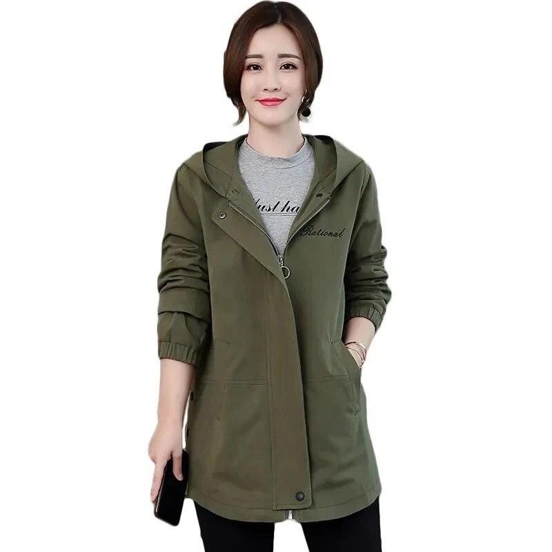 Женский весенне-осенний плащ большого размера, куртка средней длины с капюшоном