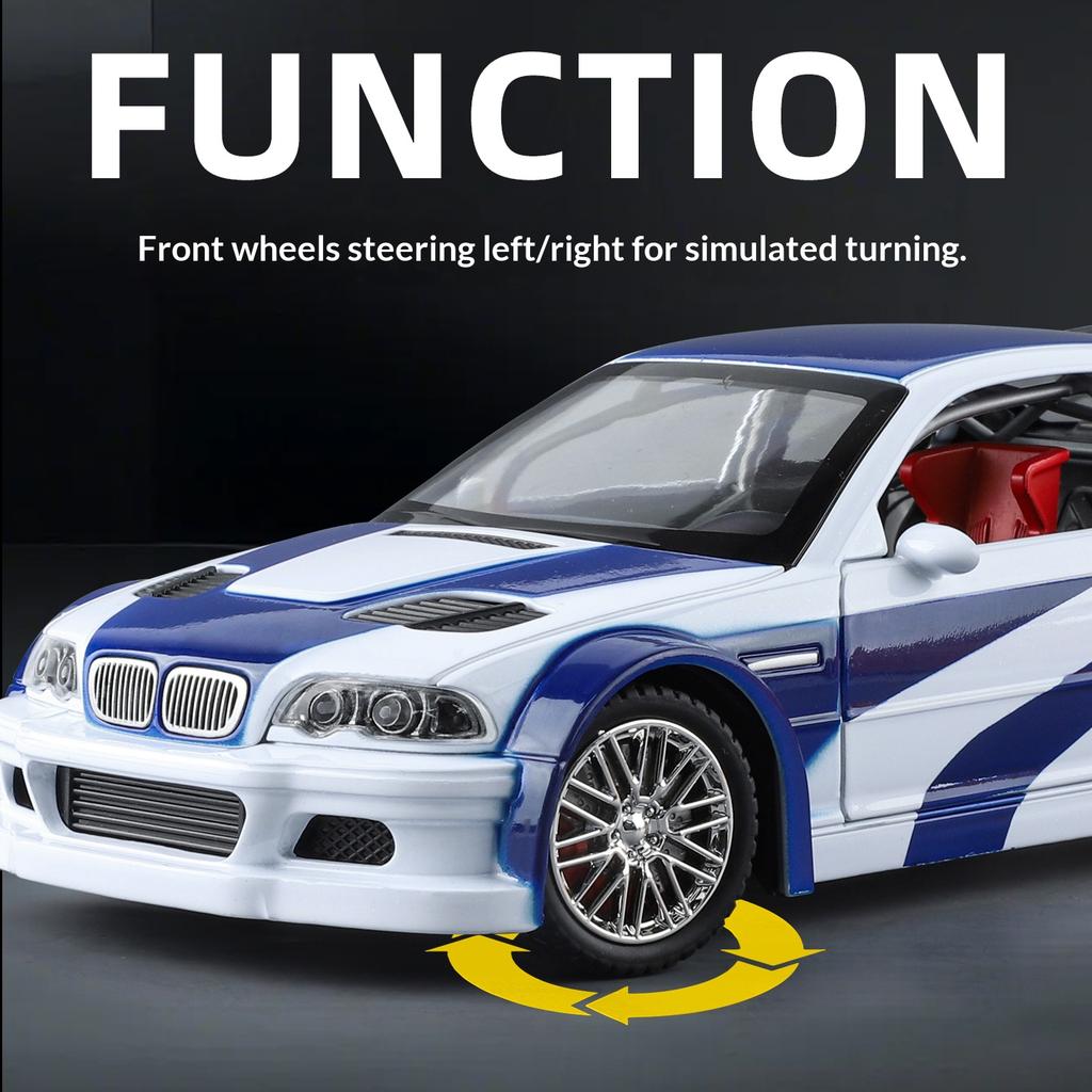 1/24 M3 GTR E46 Металлическая литая модель автомобиля Звук и свет Симуляция Оттяжка Мальчик Игрушечная машина Настольный дисплей Украшение Подарок на день рождения