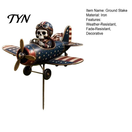 Reusable Holiday Lawn Stake Metal Skeleton Pilot Airplane Wind Spinner with Ground Stake, Vintage American Flag Garden Spooky Courtyard Decoration