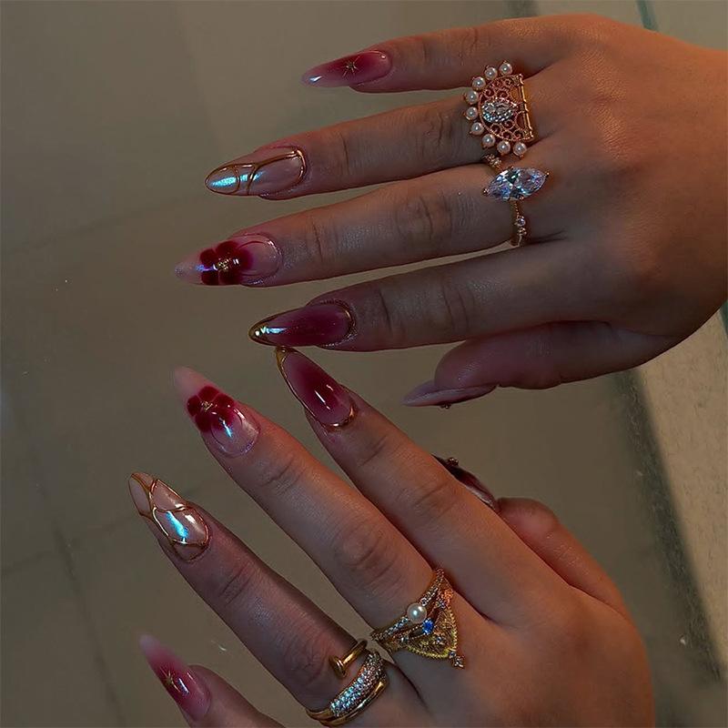 24Pcs Matte Almond Press On Nails With Glue Black Gradient Glitter Butterfly Fake Nails For Autumn Winter