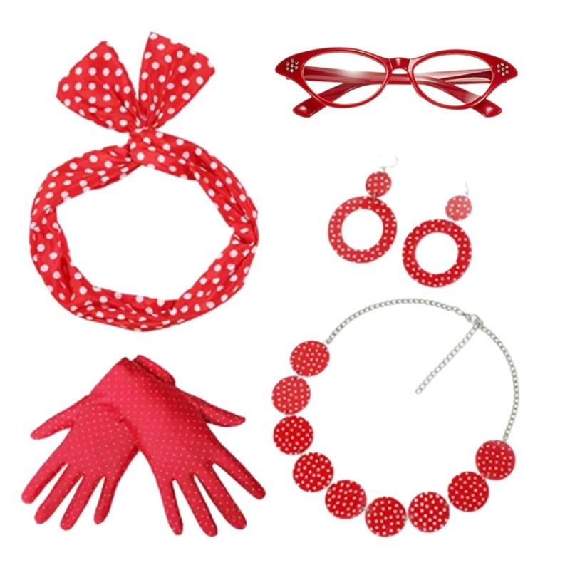 Vintage 1950s Costume Set Polka Dot Earrings Headband Glasses Party Cosplay