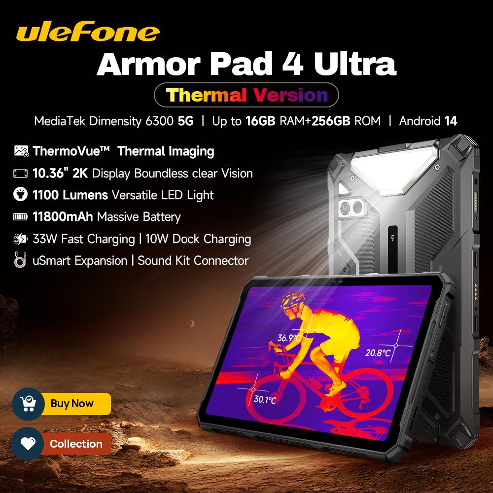 Ulefone Armor Pad 4 Ultra 5G Прочный планшет Тепловизор 11800 мАч 10,36" 2K До 16 ГБ+256 ГБ Android 15 LED