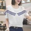 A Loose Thin Round-neck Striped Off-the-shoulder Knitted Short-sleeved T-shirt for Women