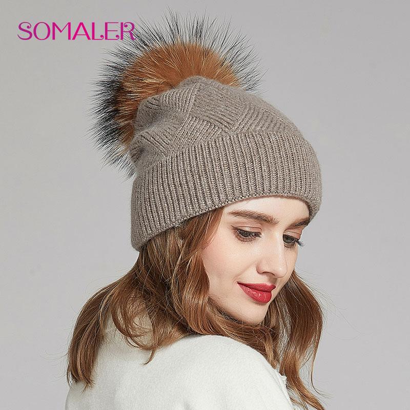 SOMALER Winter Hats For Women Natural Fur Pompom Hat Warm Wool Slouchy Beanies For Female Fashion Skullies Lady Hats