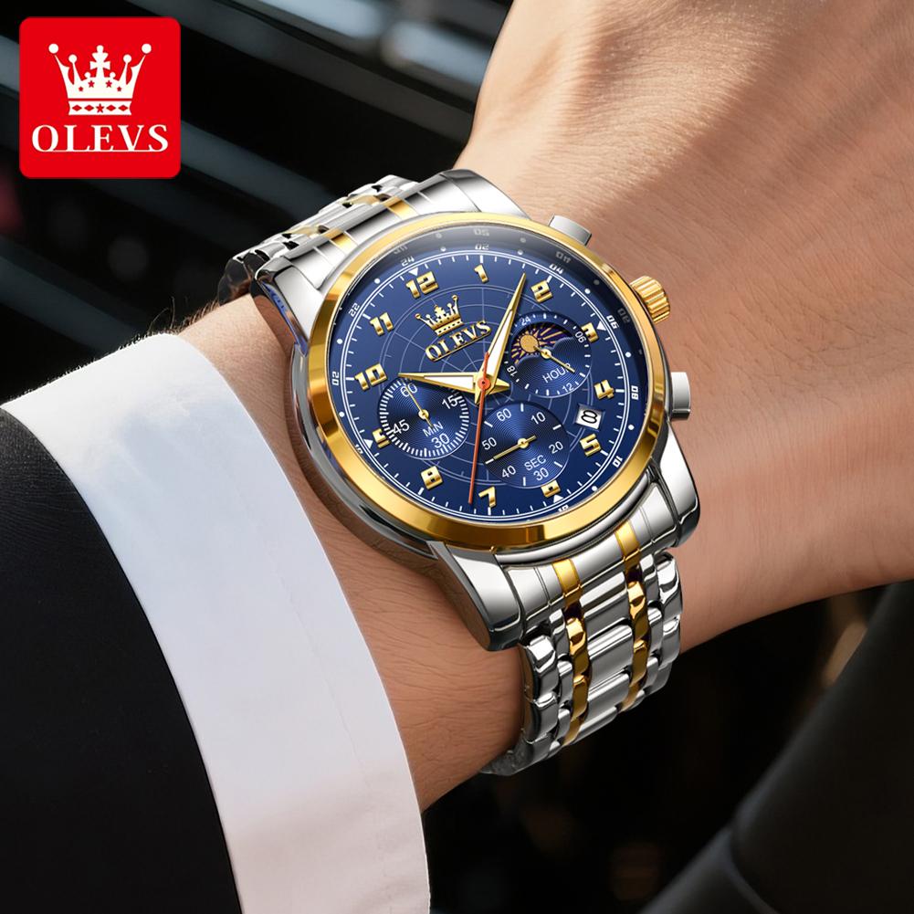 OLEVS Mens Watch Sports Multifunctional Moon Phase Quartz Wristwatch Steel Strap Waterproof Luminous Watches For Man Gift 2983