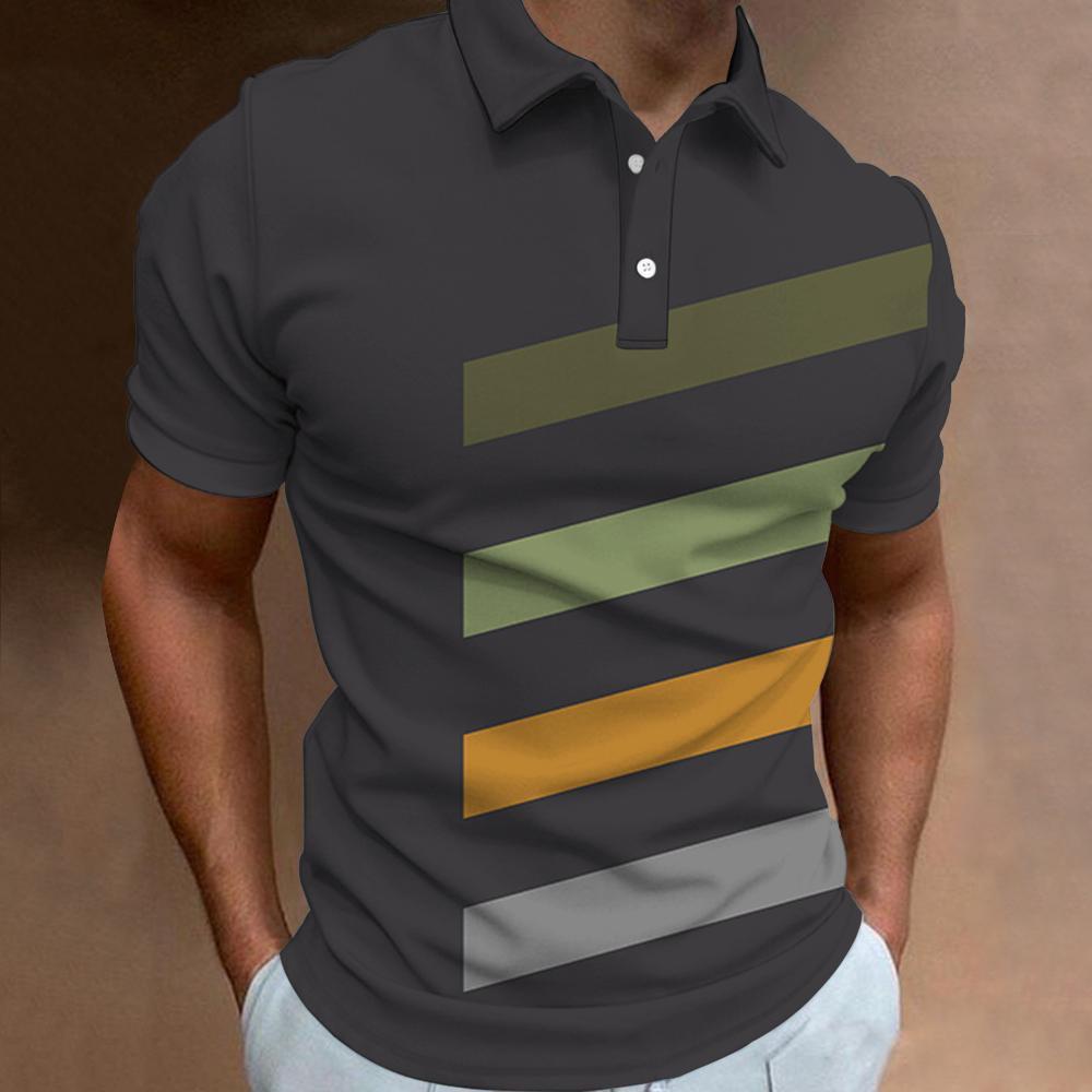 Мужская модная рубашка поло с коротким рукавом и лацканами с 3D-цифровой печатью, полосатая рубашка поло