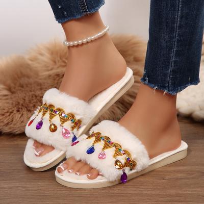 Модные хрустальные пушистые женские тапочки для дома, модные роскошные дизайнерские туфли, женские плоские осенне-зимние шлепанцы из искусственного пушистого меха, элегантные для дома