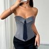 Sexy Vest Off Shoulder Fake Lapel Tie Decor Sleeveless Tank Tops Wrap-Around Design Slim Fit Three-dimensionally Tailored Women Tops
