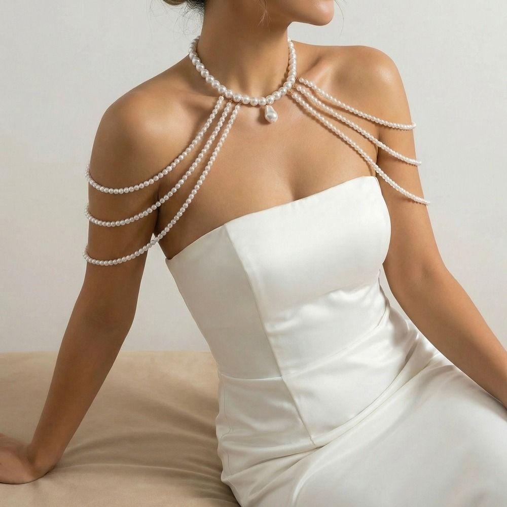 Multi Layer Imitation Pearl Shoulder Chain Beads Bridal Tassel Necklace Banquet Parties