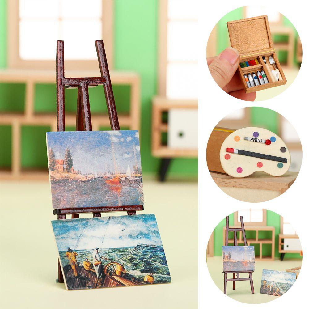 1:12 Dollhouse Dolls DIY Model Set Mini Wood Box Miniature Easel Artist Paint Pen Drawing Board