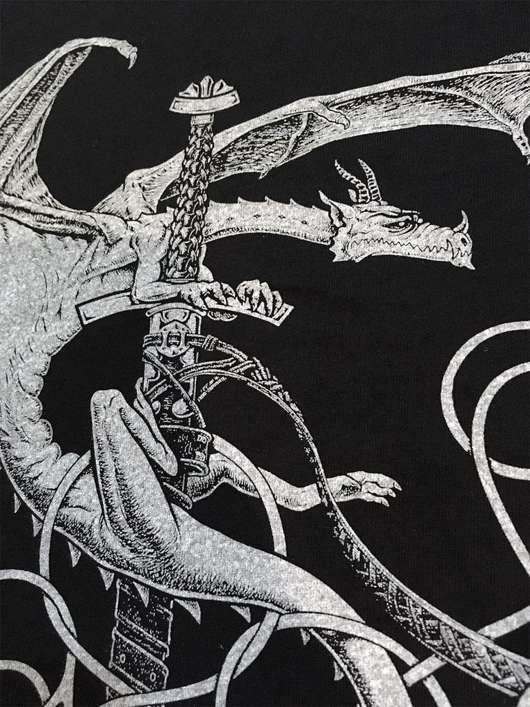 Модная мужская футболка с графикой серебряного дракона, кельтскими и скандинавскими узлами, мечом, винтажная, эпическое средневековое фэнтези-искусство, черная футболка Bella Canvas