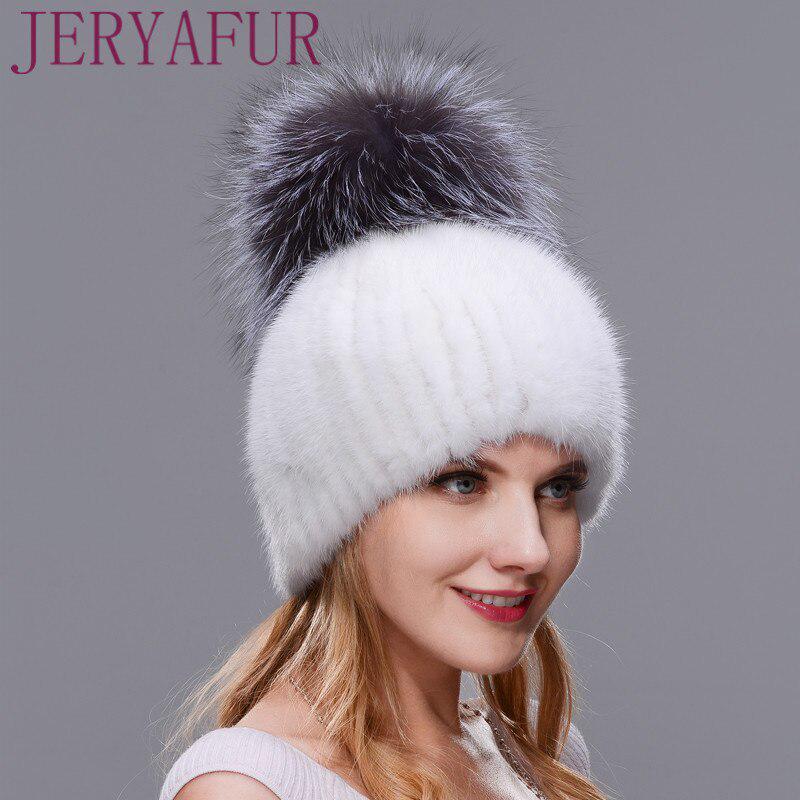 JERYAFUR Тёплая шапка с объёмным помпоном из натурального меха