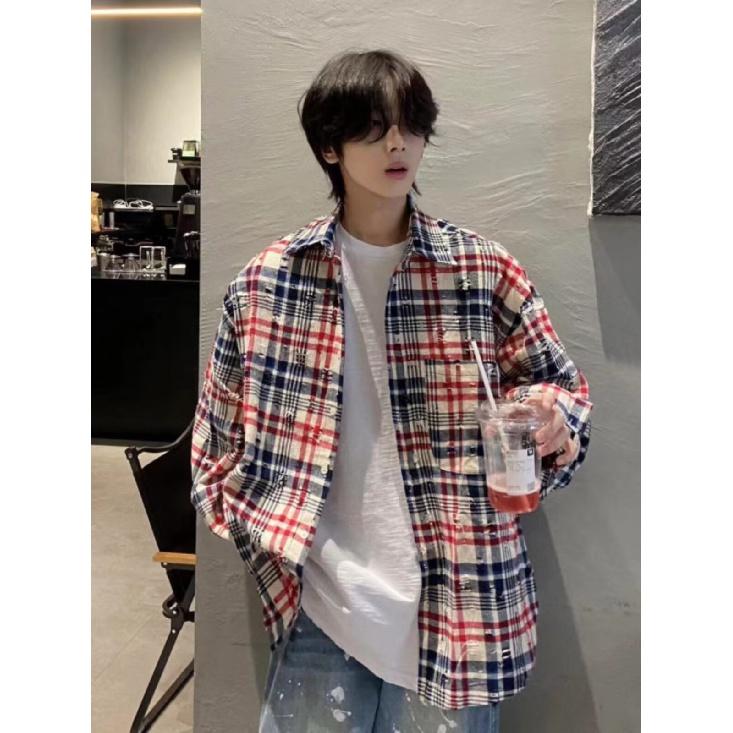 2024 Plaid Long Sleeve Shirt Japanese Hong Kong Style Ins Loose Shirt Boys Summer Trendy Versatile Casual Coat