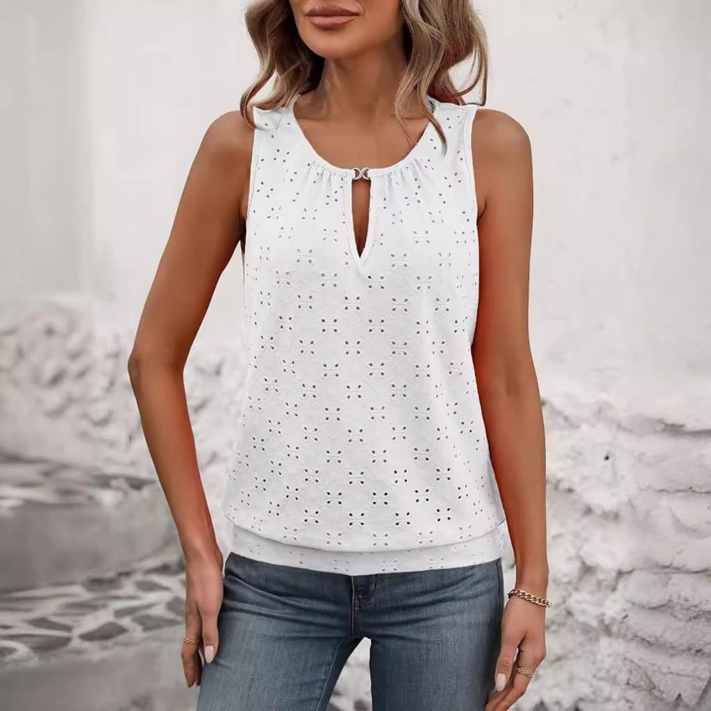 Ladies' Elegant Sleeveless Vest -Semi Transparent Round Neck Lightweight Top, Medium Stretch Casual, Sleeveless Butterfly Pattern, Non Transparent
