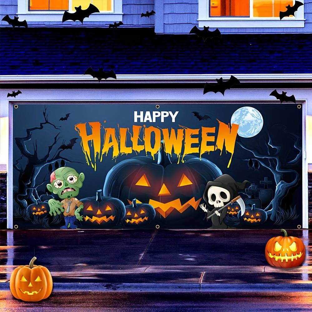 Halloween garage door banner, durable polyester, huge pumpkin and green monster design, scary night party decoration