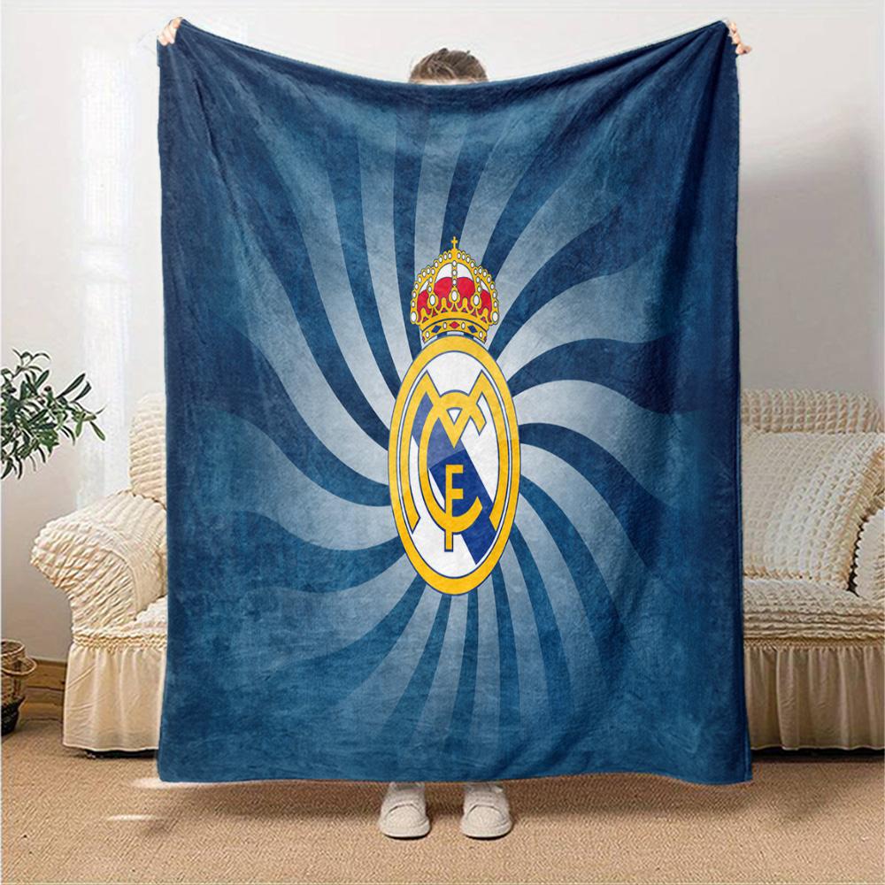 FC Madrid Emblem Flannel Blanket, Soft Polyester, Modern Design, All-Season for Camping, Travel, Gifts for holidays or birthdays