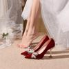 Fashion Chic Beads Bow-knot Wedding Shoes Woman Pumps Pointed Toe Flock Talons Hauts Crystal Metal Stiletto High Heels Shoes Women 2025