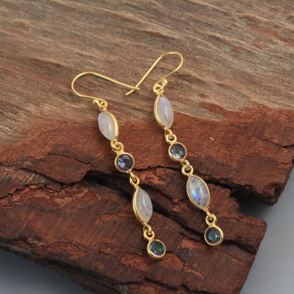 Лунный камень Мистик Топаз Желтое золото Висячие серьги из стерлингового серебра 925 пробы Женские украшения