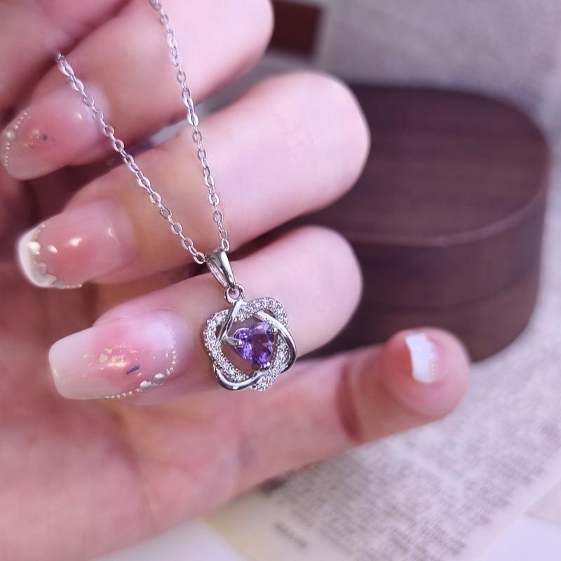 Women's S925 Sterling Silver Double Heart Necklace Natural Crystal Garnet Peridot Clavicle Chain